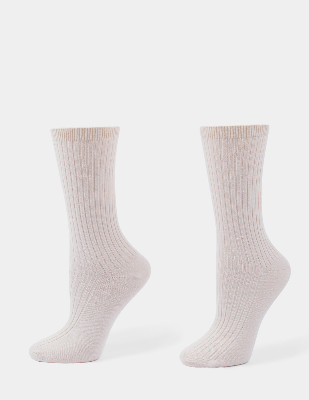 A pair of beige crew socks displayed against a light gray background.