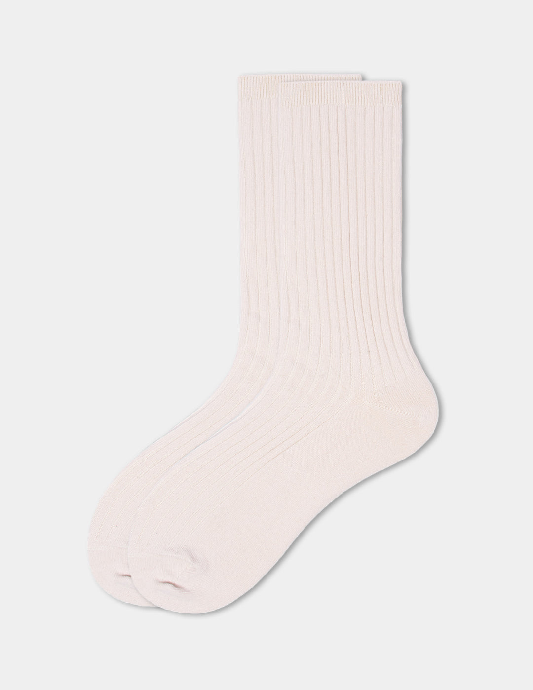 A pair of beige crew socks displayed against a light gray background.