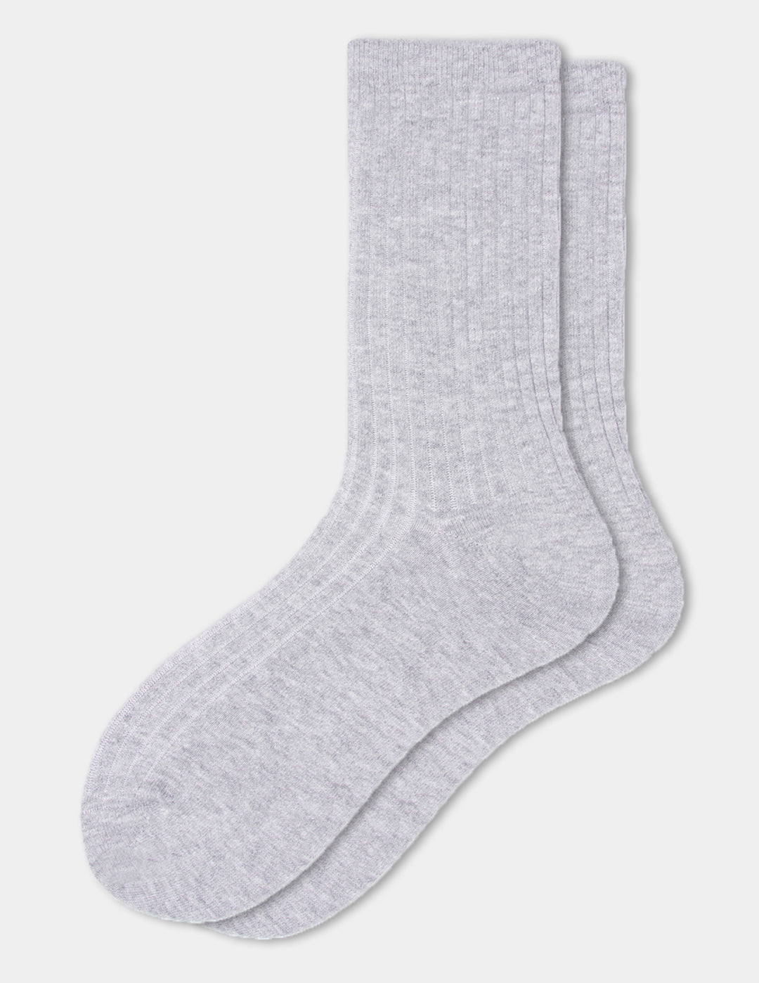 A light grey pair of ribbed crew socks displayed against a light gray background.
