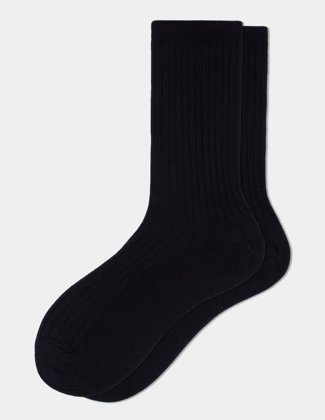 A pair of black crew socks displayed against a light gray background.