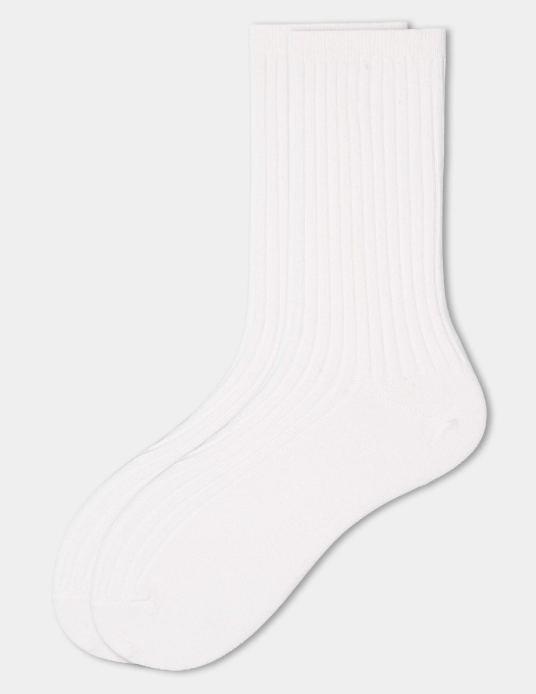 An ivory pair of ribbed crew socks displayed against a light gray background.