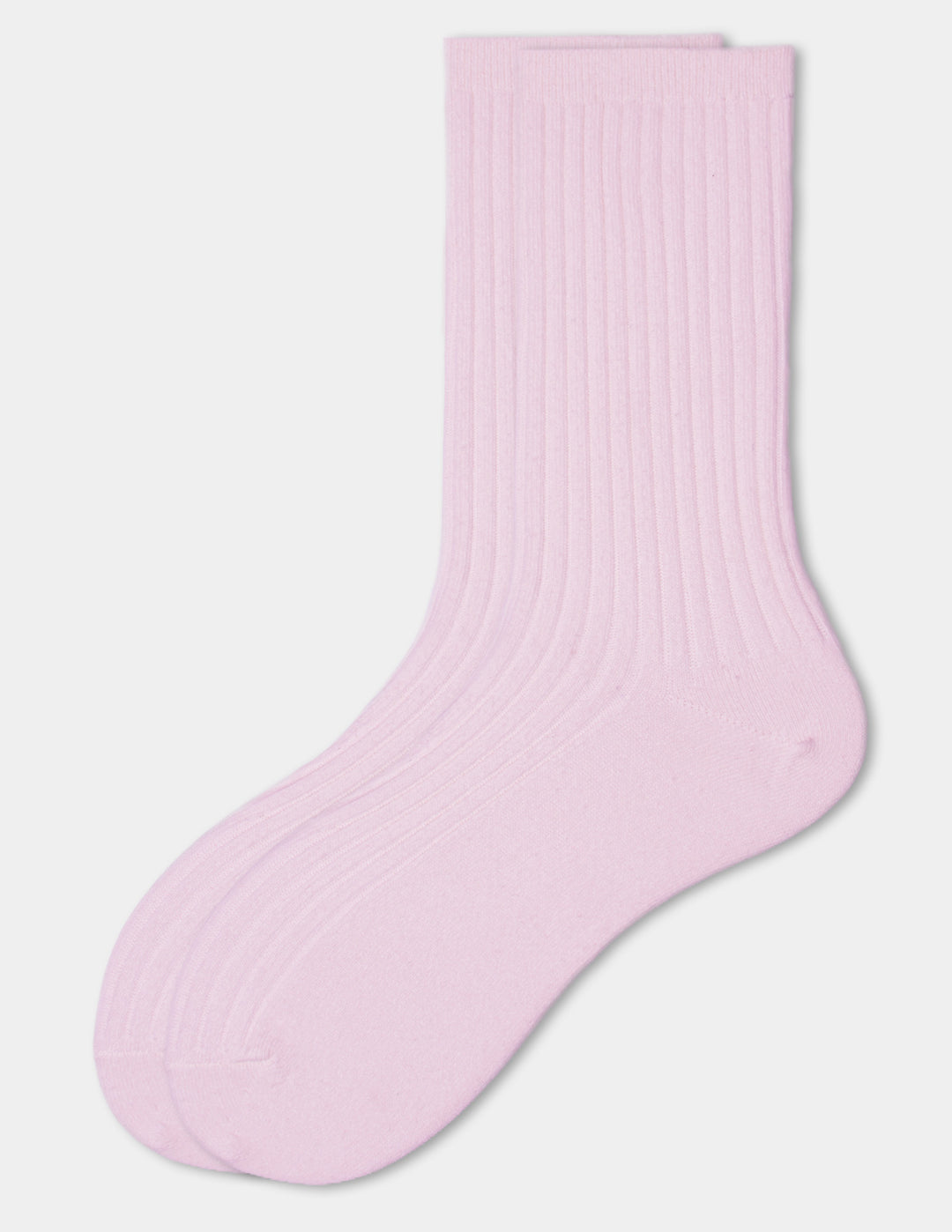 A pair of pink crew socks displayed against a light gray background.