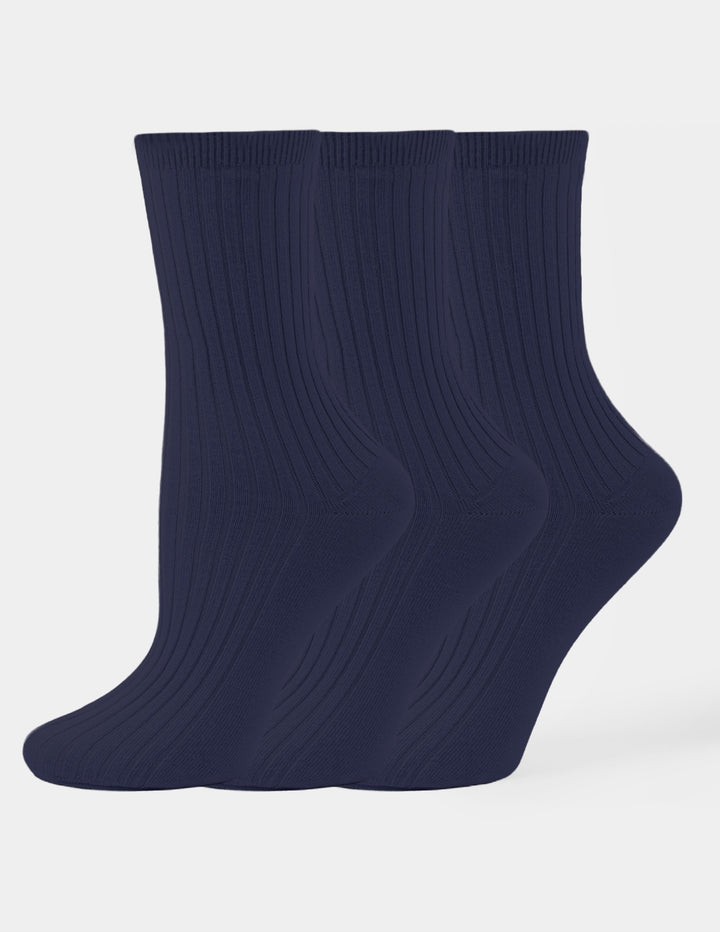 Navy crew socks displayed against a light gray background.