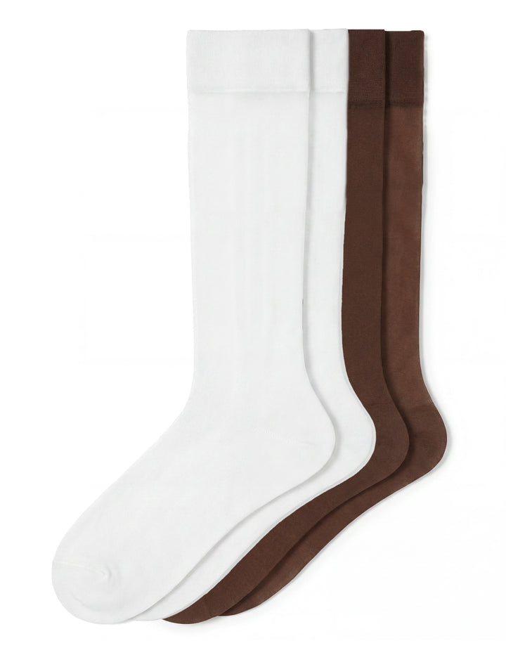 Two pairs of knee-high socks on a plain white background.