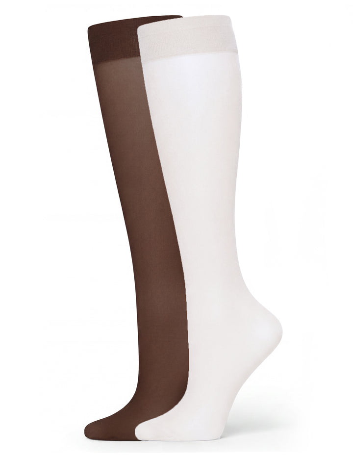 Two knee-high socks shown on leg forms against a white background, one in dark brown and one in white.