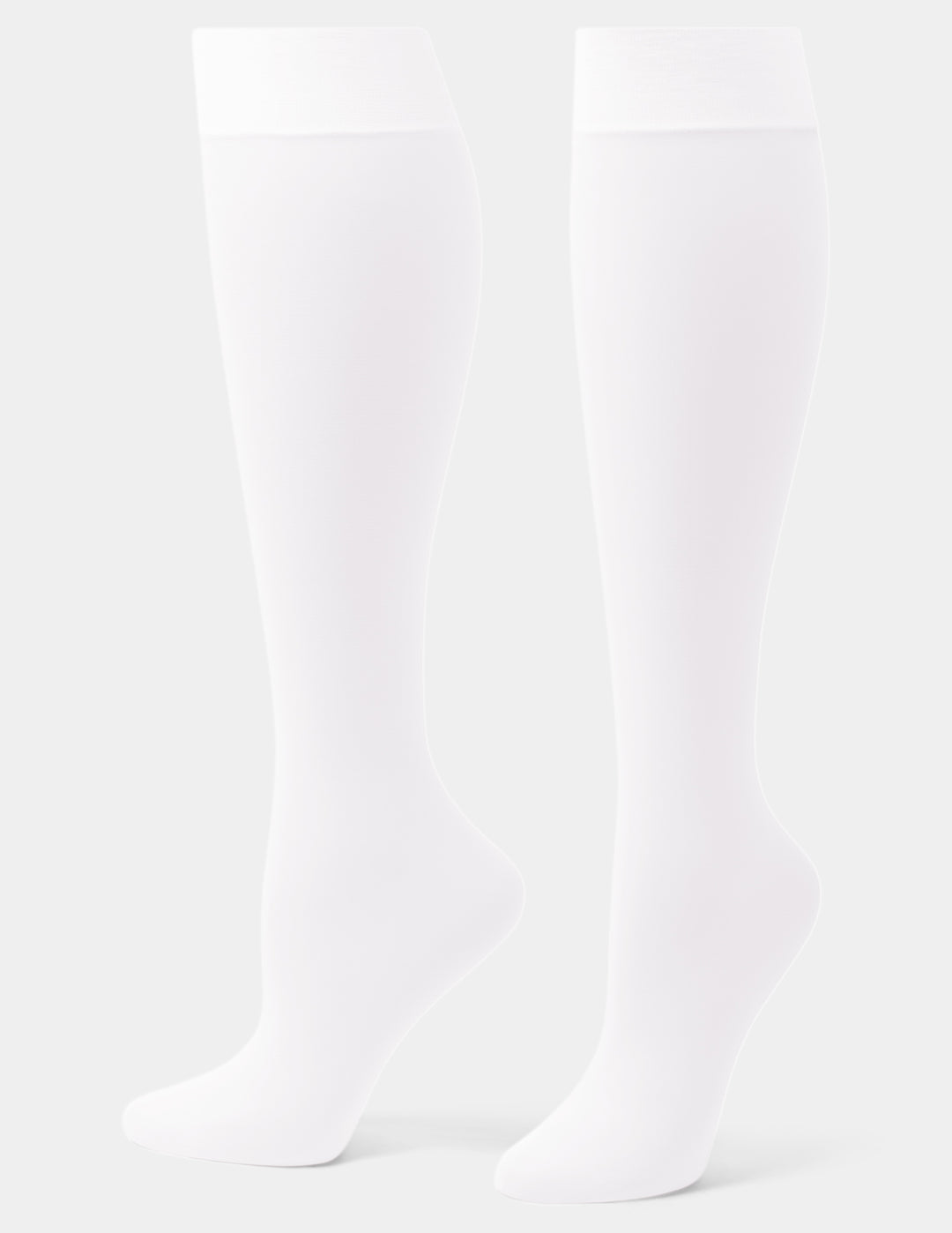 A pair of white over-the-knee socks shown on invisible forms against a light gray studio background.