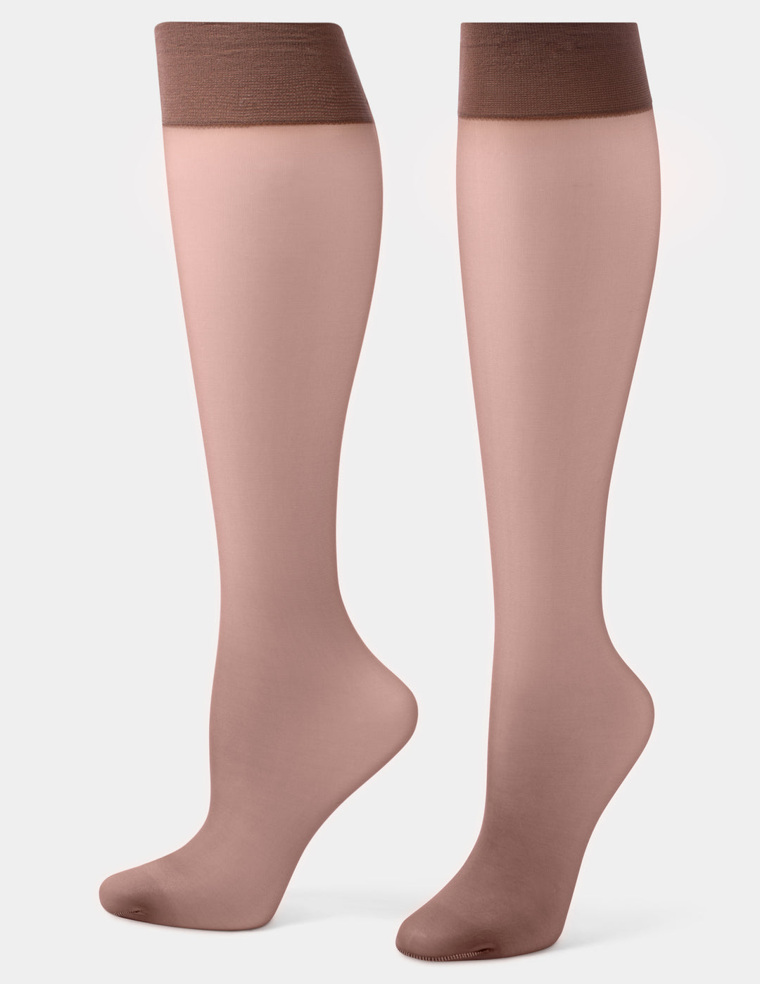 A pair of sheer knee-high socks shown on leg forms, featuring a smooth brown body and a contrasting darker brown ribbed top band, set against a plain light gray background.