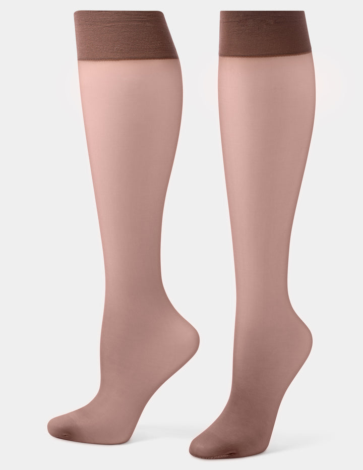 A pair of sheer knee-high socks shown on leg forms, featuring a smooth brown body and a contrasting darker brown ribbed top band, set against a plain light gray background.