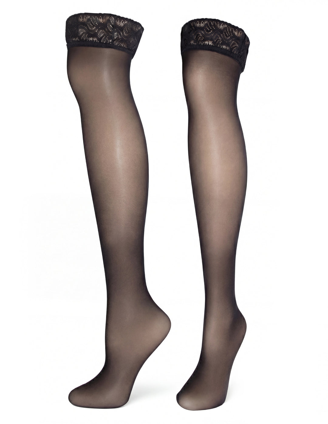 Pair of sheer black tights with lace top on a white background