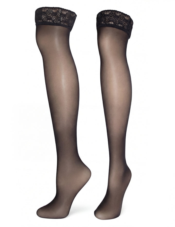 Pair of sheer black tights with lace top on a white background