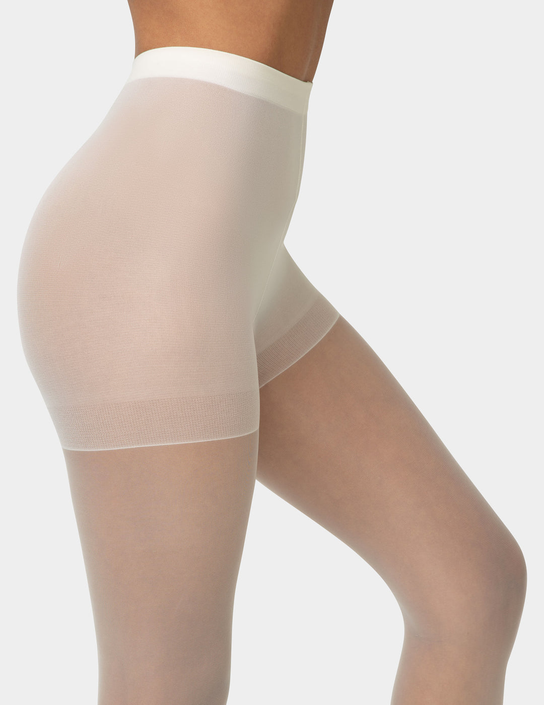 Sheer beige pantyhose worn by a person on a light gray background