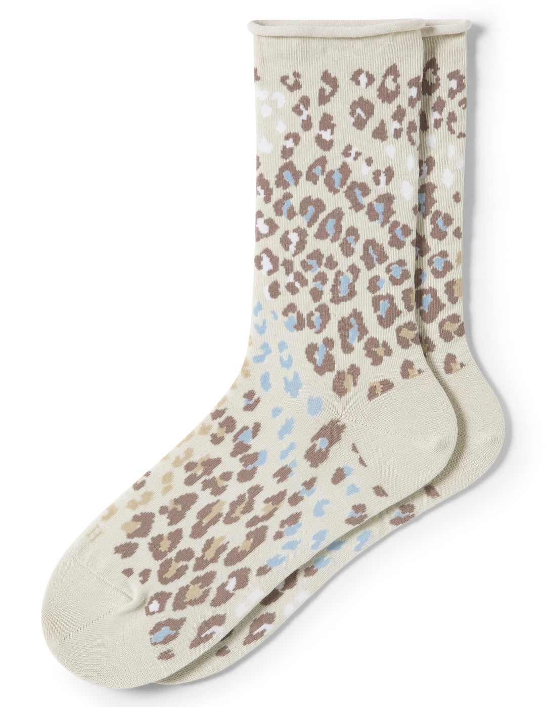 Beige socks with a leopard print pattern on a white background