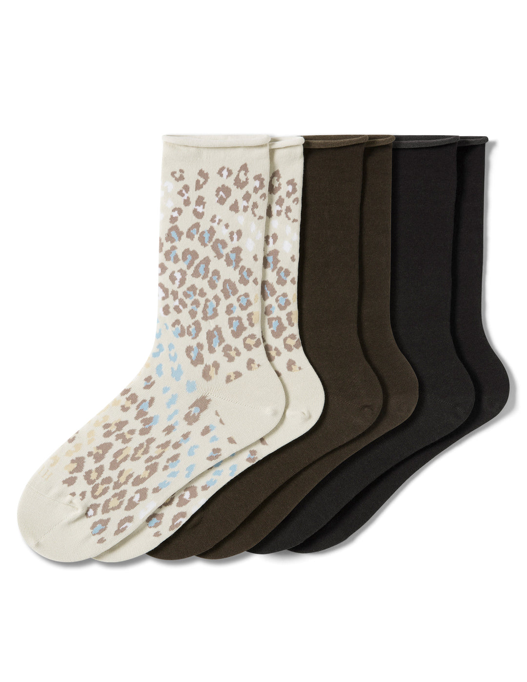 Three pairs of socks with leopard print and solid colors on a white background