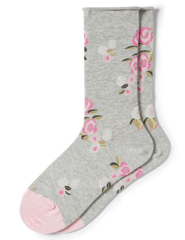 Gray sock with pink floral pattern on a white background