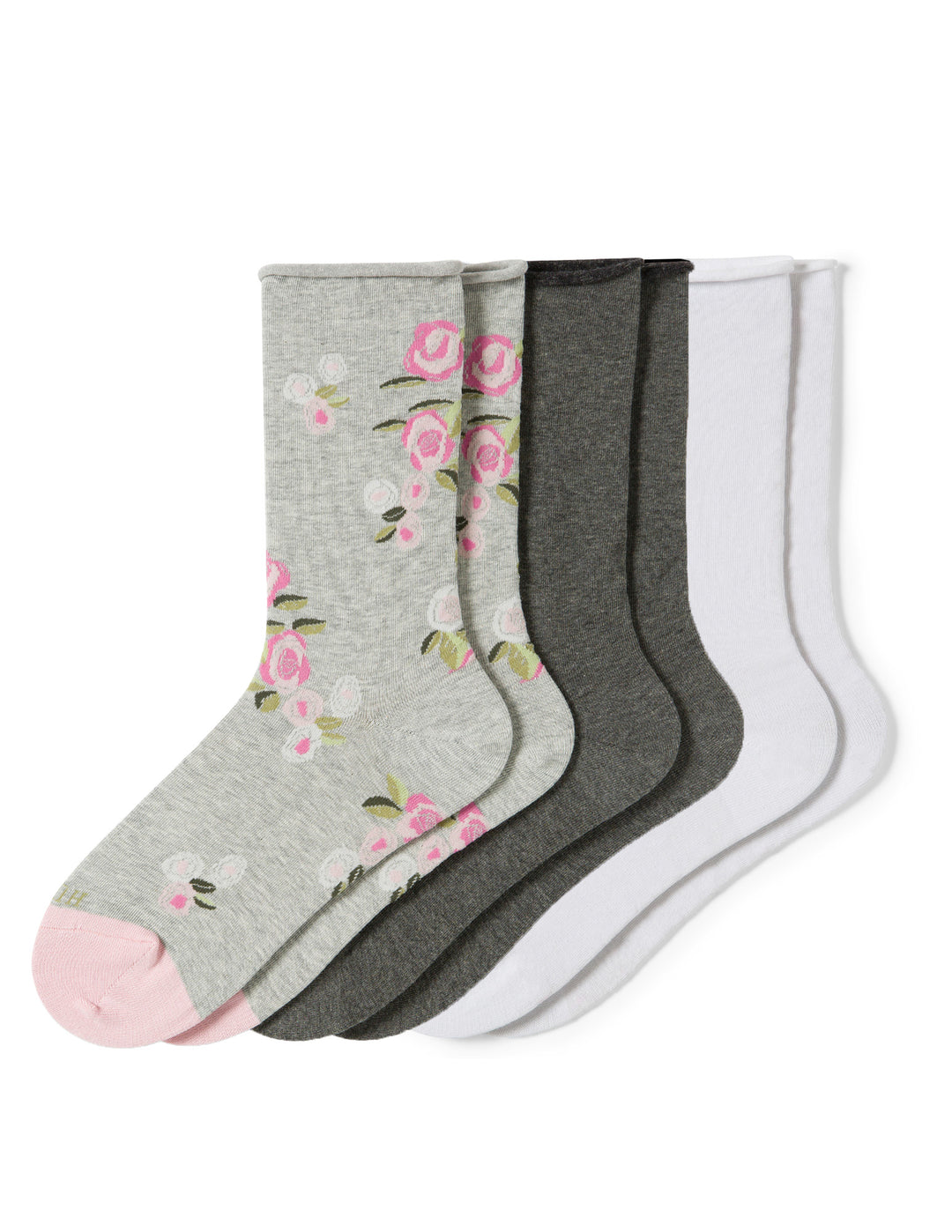 Set of floral-patterned socks in gray, floral, and white on a white background