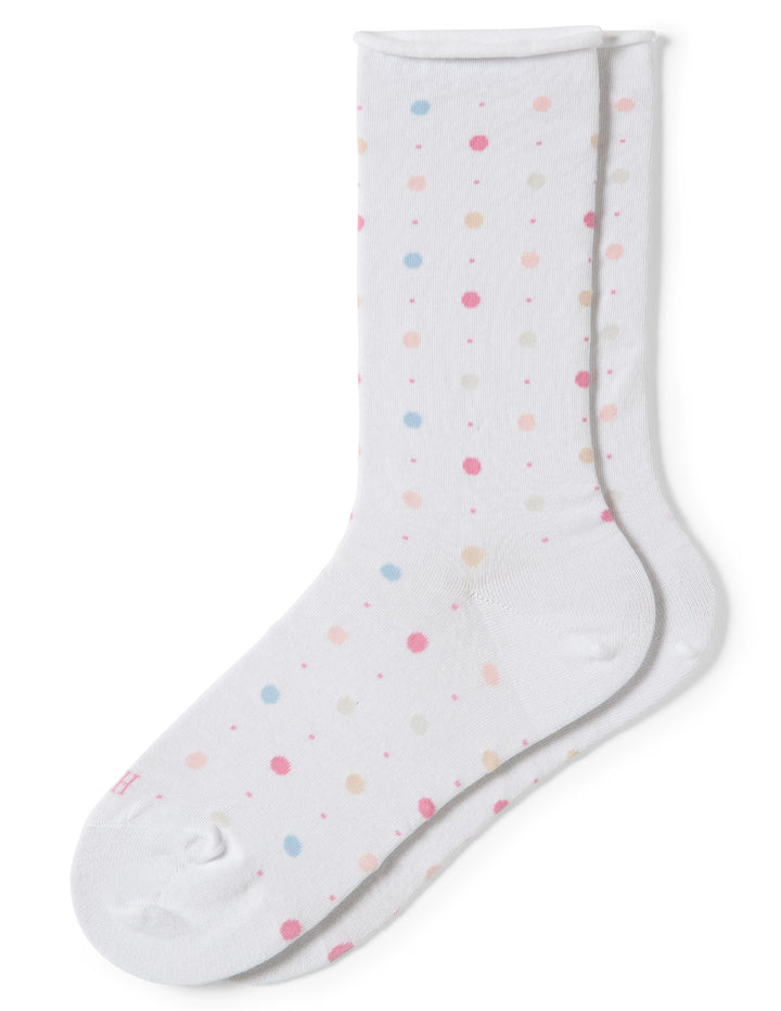 White pair of socks with colorful dots on white background