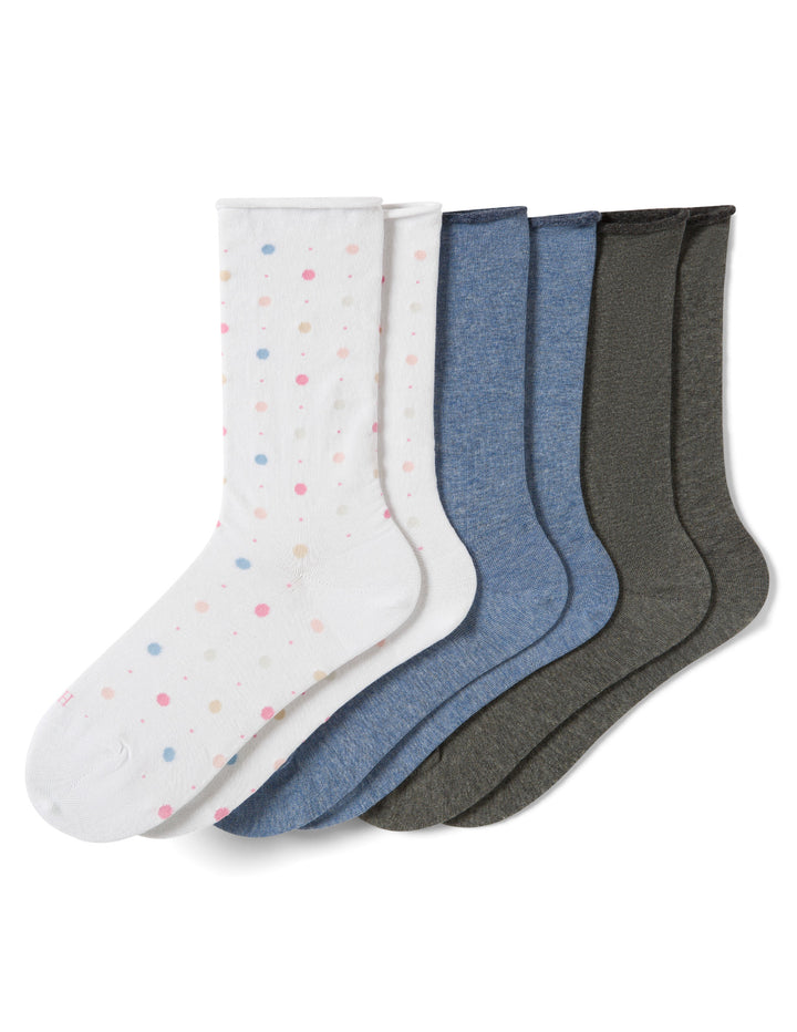 Set of three pairs of socks in white with polka dots, blue, and gray on a white background.