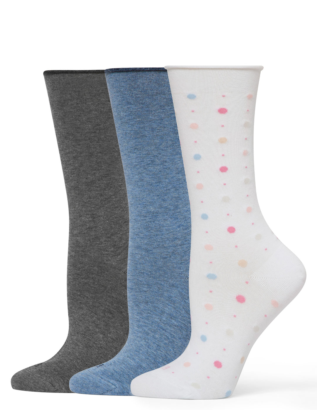 Three pairs of socks in gray, blue, and white with polka dots on a white background