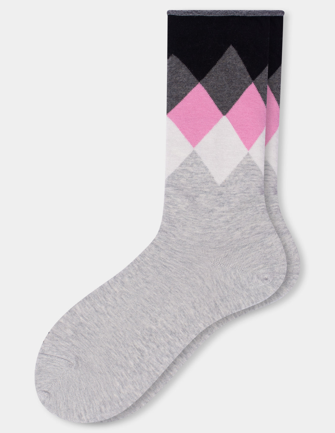 A pair of crew socks with a heather gray foot and a geometric argyle pattern in black, dark gray, pink, and white near the cuff, shown on a light gray background.