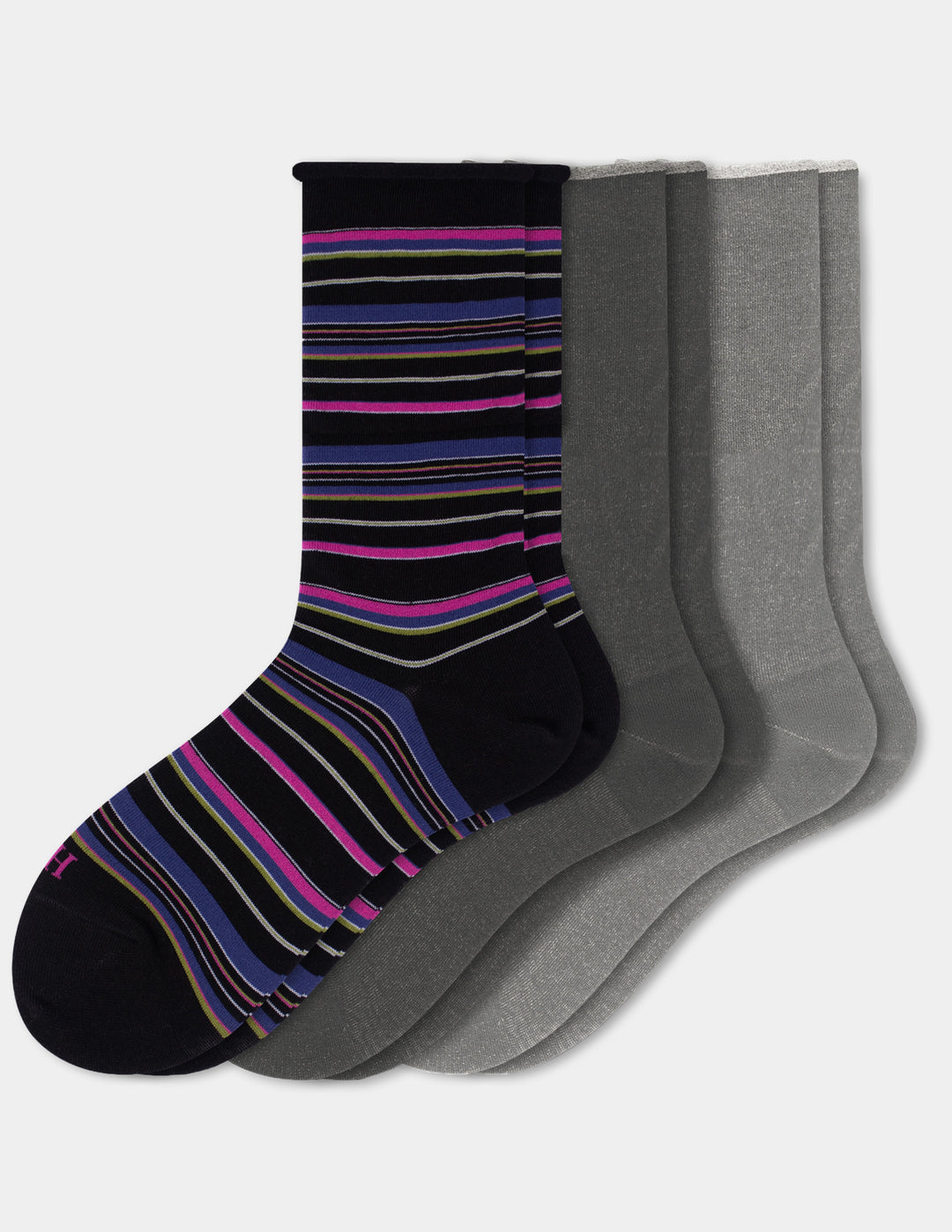 Three assorted color crew socks displayed against a light gray background.