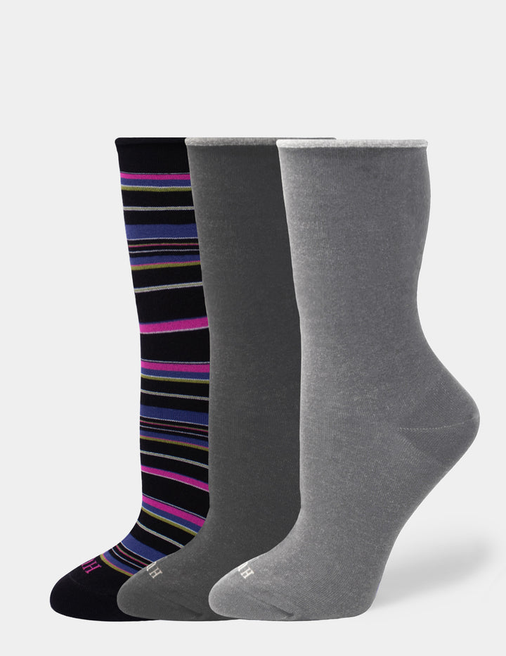 Three crew socks shown on invisible forms against a light gray background: one black sock with multicolored horizontal stripes, one dark gray sock, and one heather gray sock.