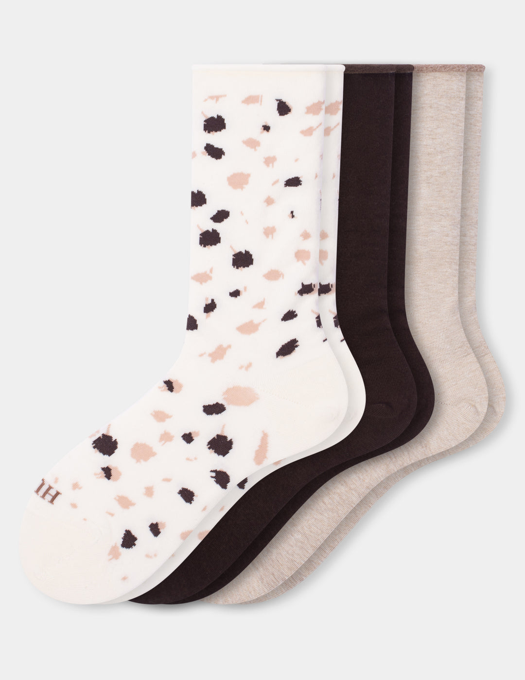 Three pairs of crew socks on a light gray background.