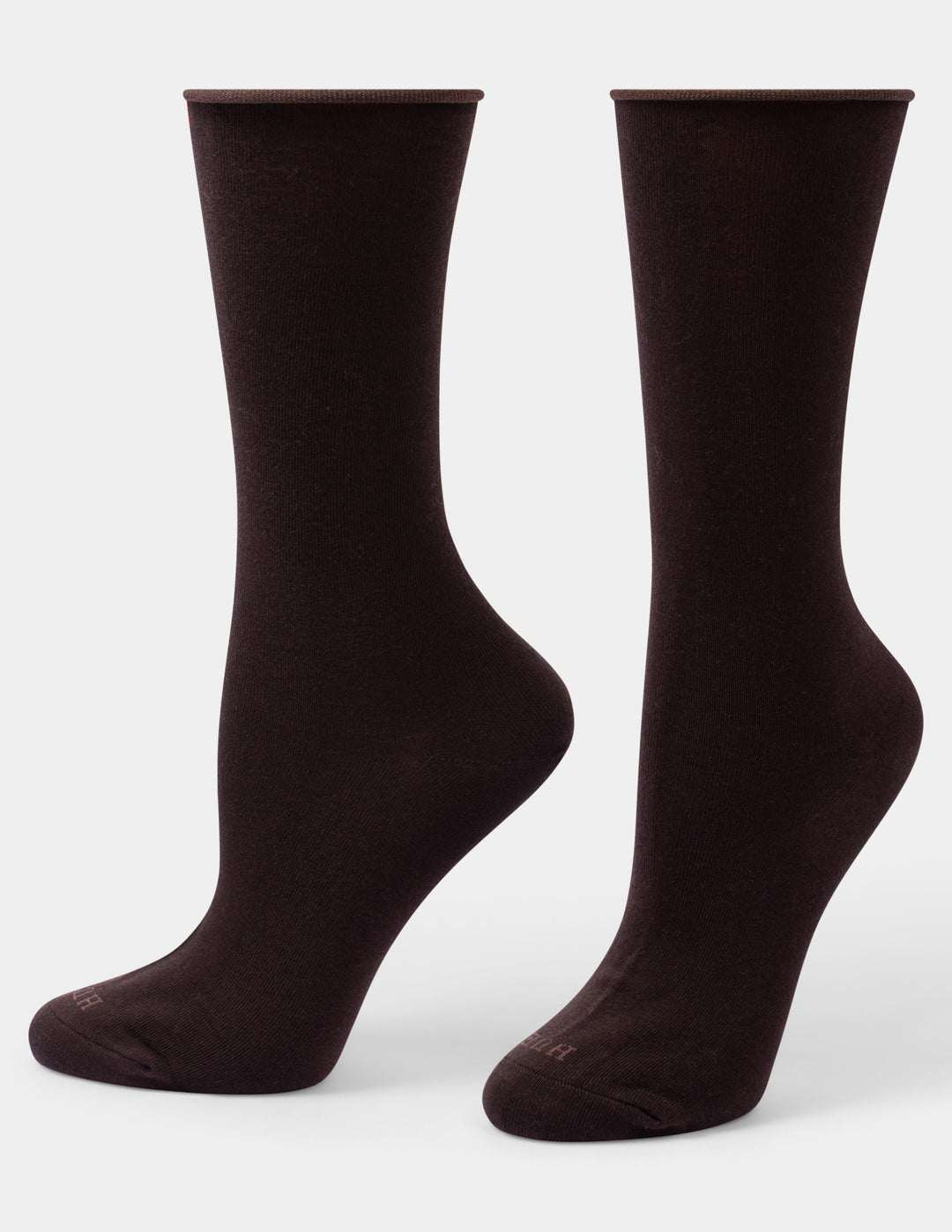 A pair of dark brown crew socks shown on invisible forms against a light gray background.