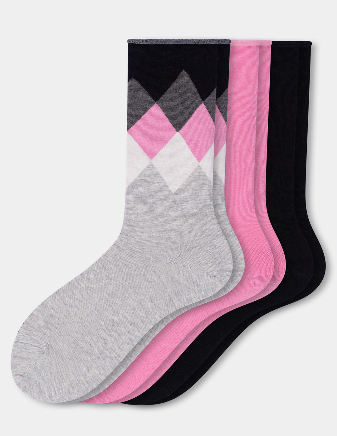 Three pairs of crew socks on a light gray background. Including a heather gray with a black, gray, pink, and white argyle pattern, a solid pink, and a solid black.