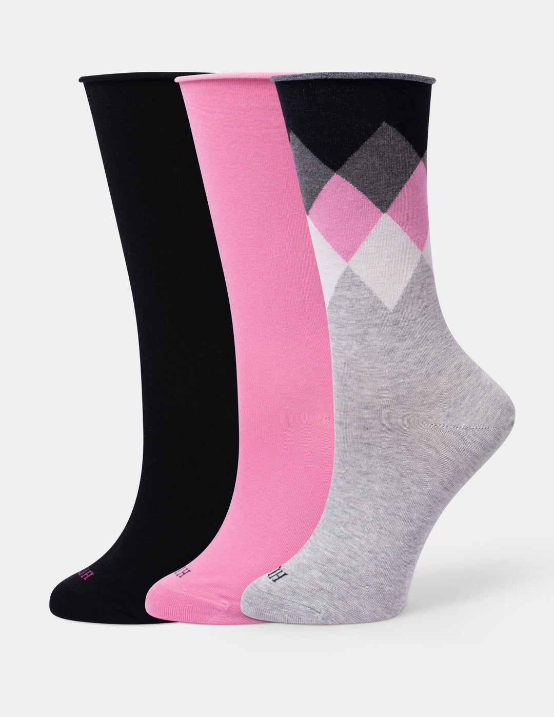 Three pairs of crew socks on a light gray background. Including a heather gray with a black, gray, pink, and white argyle pattern, a solid pink, and a solid black.