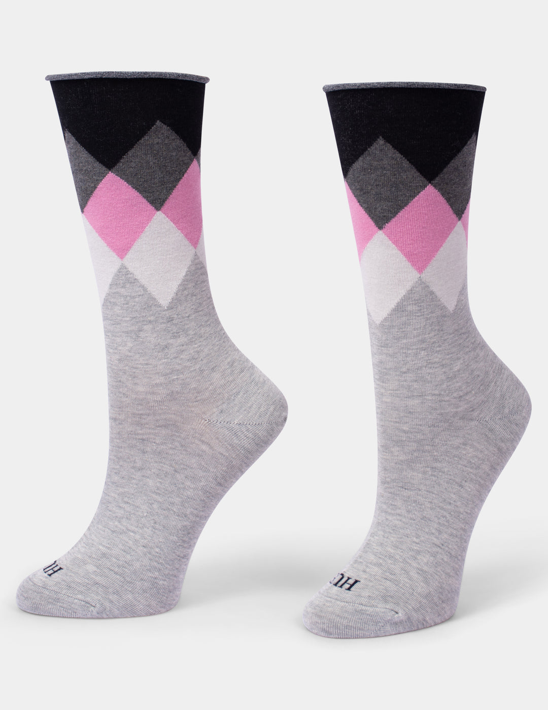 A pair of crew socks with an argyle pattern in black, gray, pink, and white on a light gray heathered base, displayed against a light gray background.