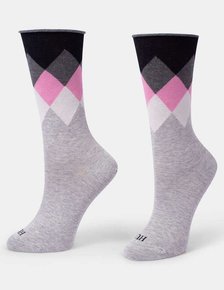 A pair of crew socks with an argyle pattern in black, gray, pink, and white on a light gray heathered base, displayed against a light gray background.