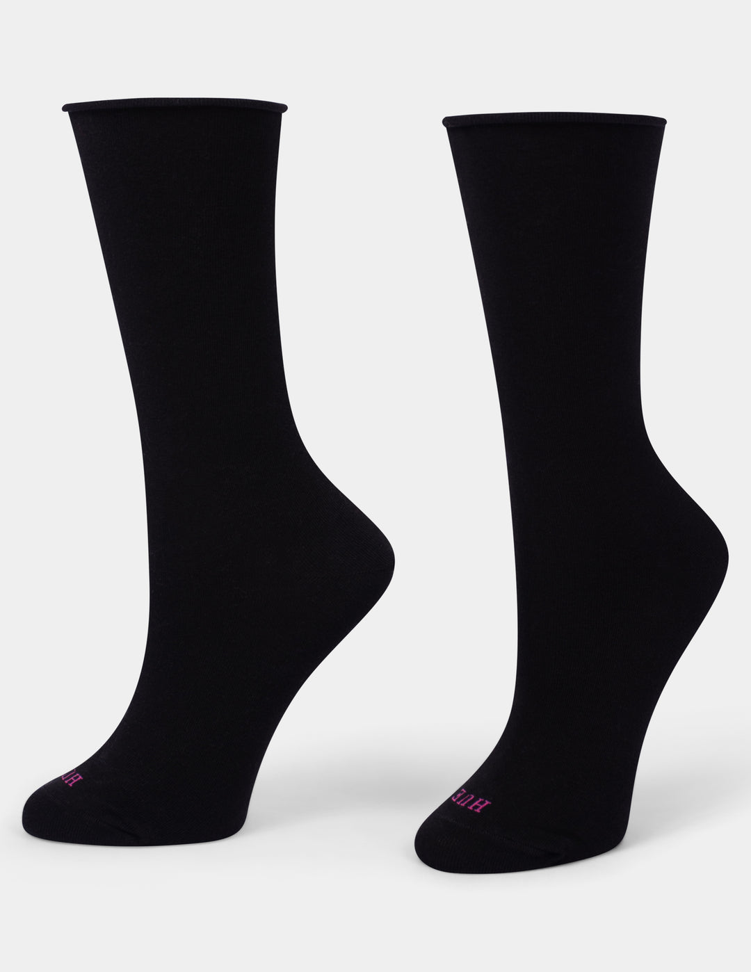 A pair of black crew socks displayed on foot forms against a light gray background, with a small pink logo on the toe area.