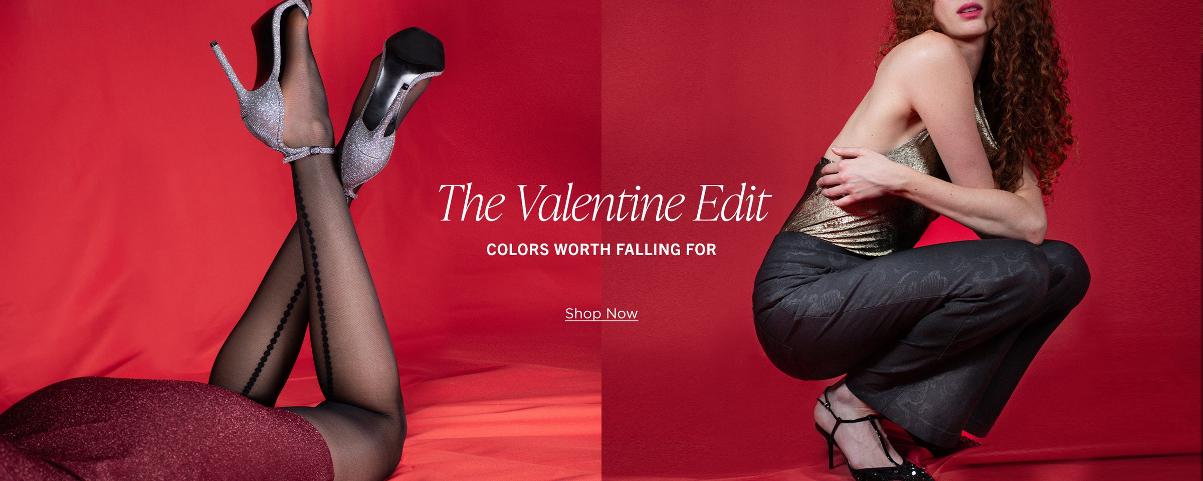 Woman in stylish outfit with text 'The Valentine Edit' on a red background