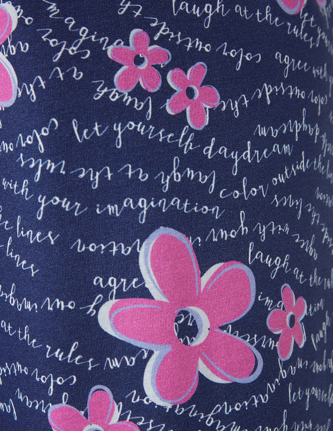 Navy blue fabric with pink floral patterns and white text