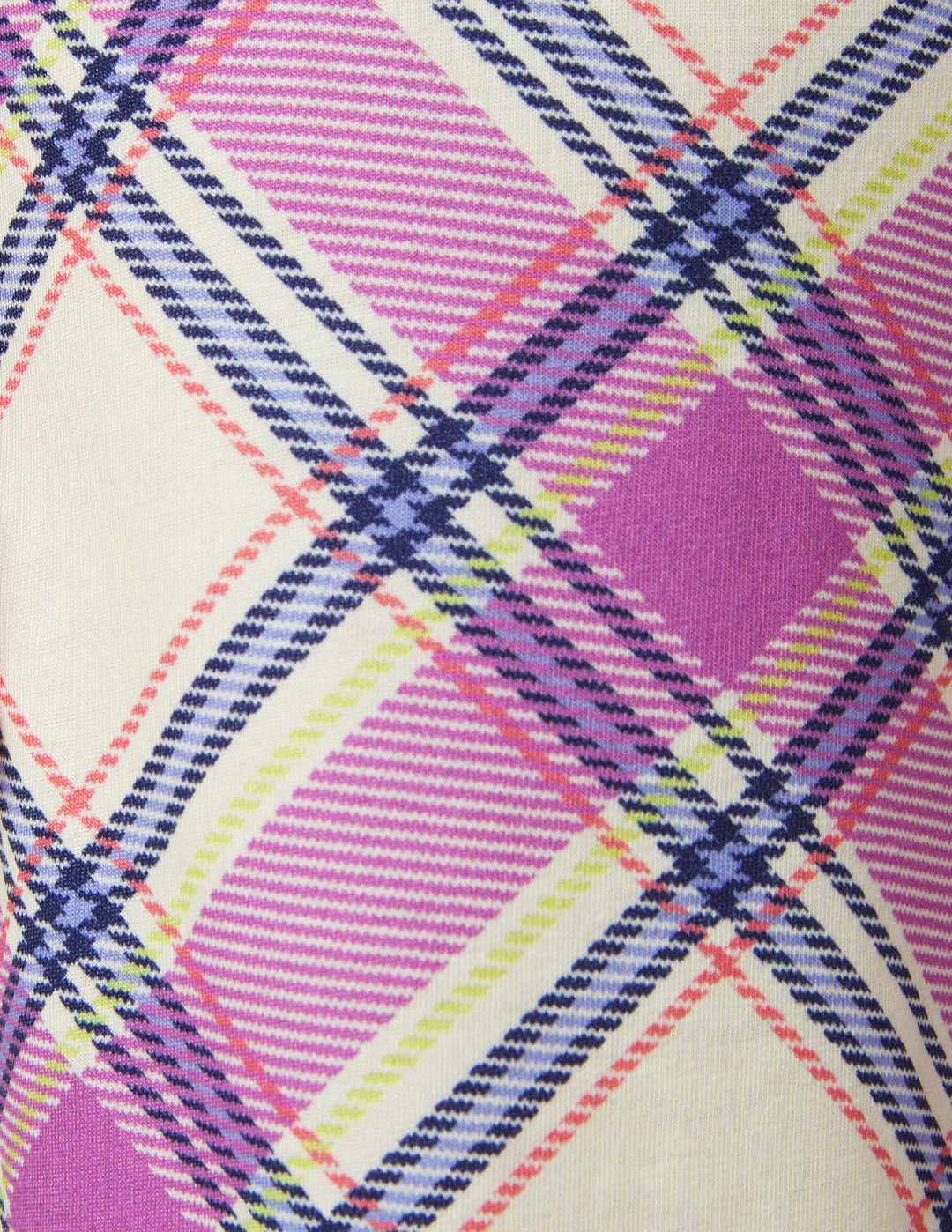 Close-up of a colorful plaid pattern with pink, purple, and yellow lines on a beige background.