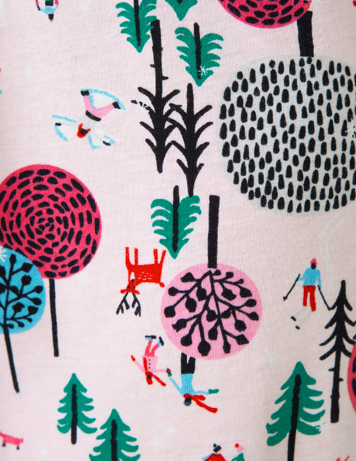 Colorful pattern of trees and people on a light background