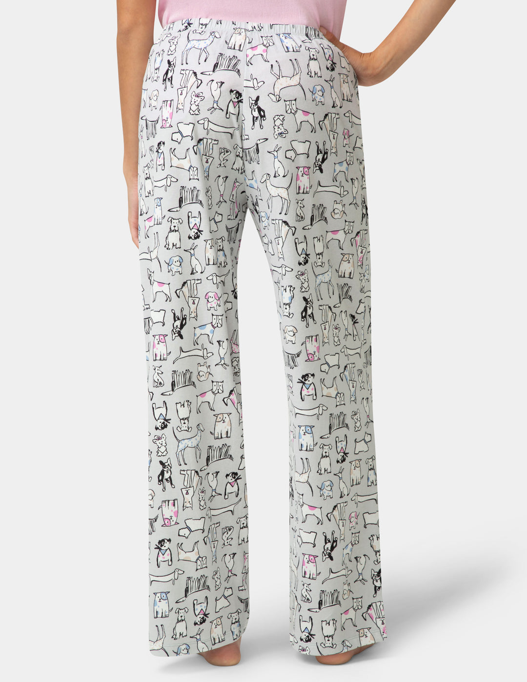 Pajama pants with a dog pattern on a white background