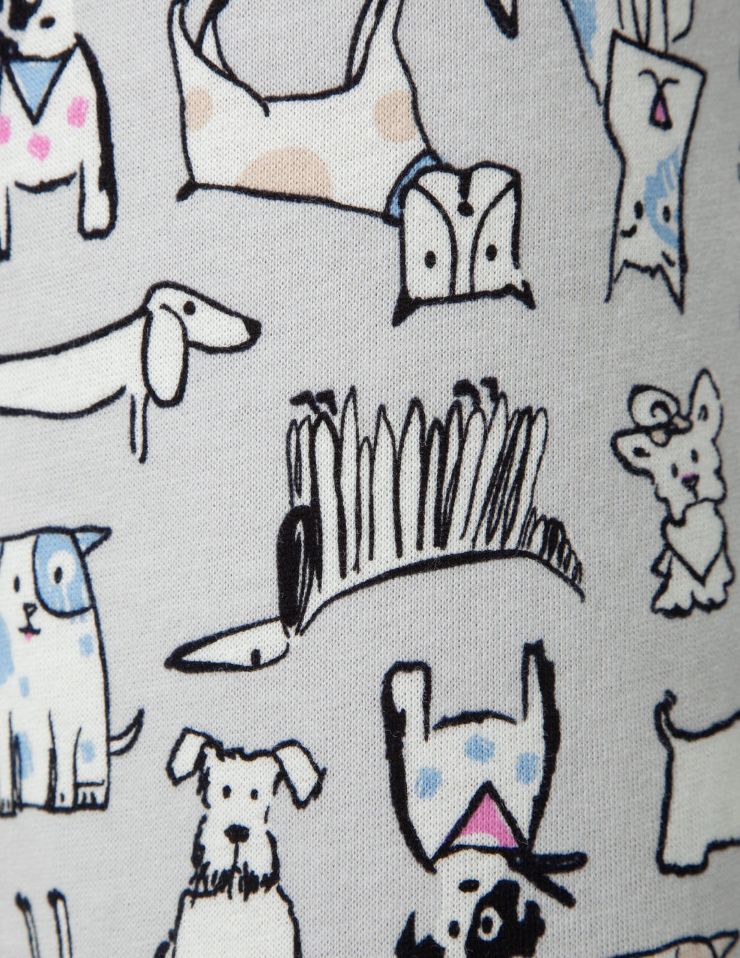 Pattern of cartoon dogs and houses on a light gray background