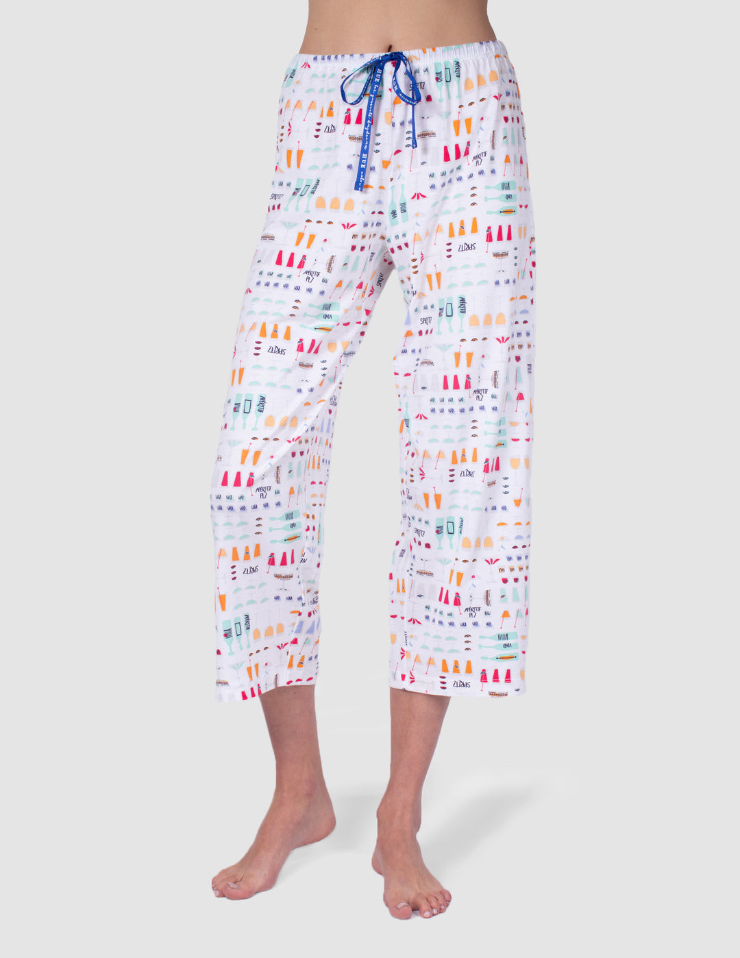 Capri pajama pants with colorful pattern on a white background