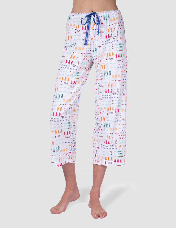 Capri pajama pants with colorful pattern on a white background