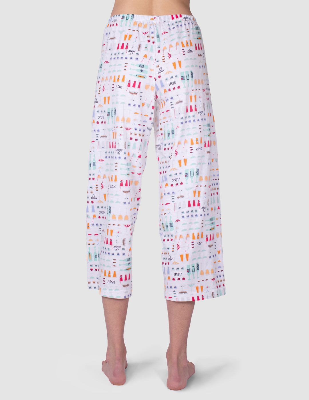 Capri pajama pants with colorful pattern on a white background back view