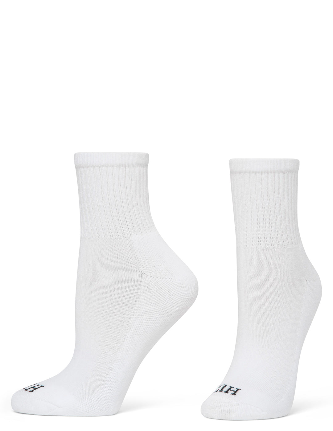 Two white socks with a brand logo on a white background