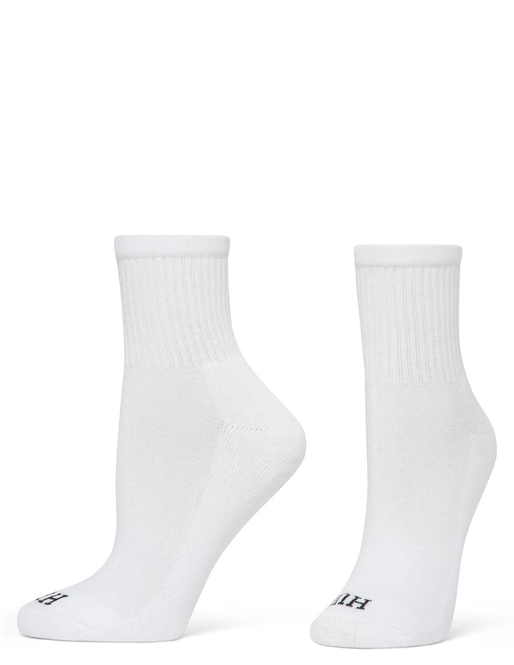 Two white socks with a brand logo on a white background