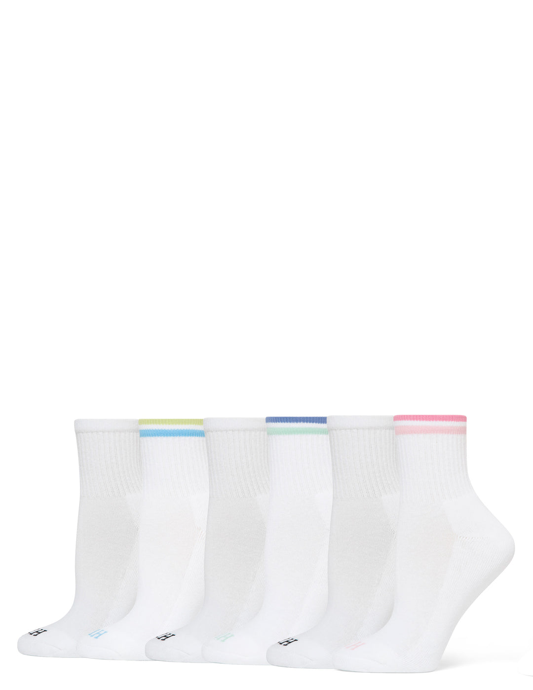 Four pairs of white socks with colorful stripes on a white background