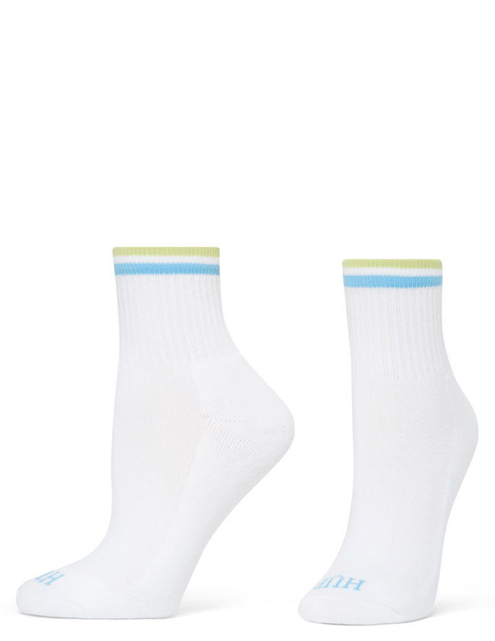 White socks with blue and green stripes on a white background