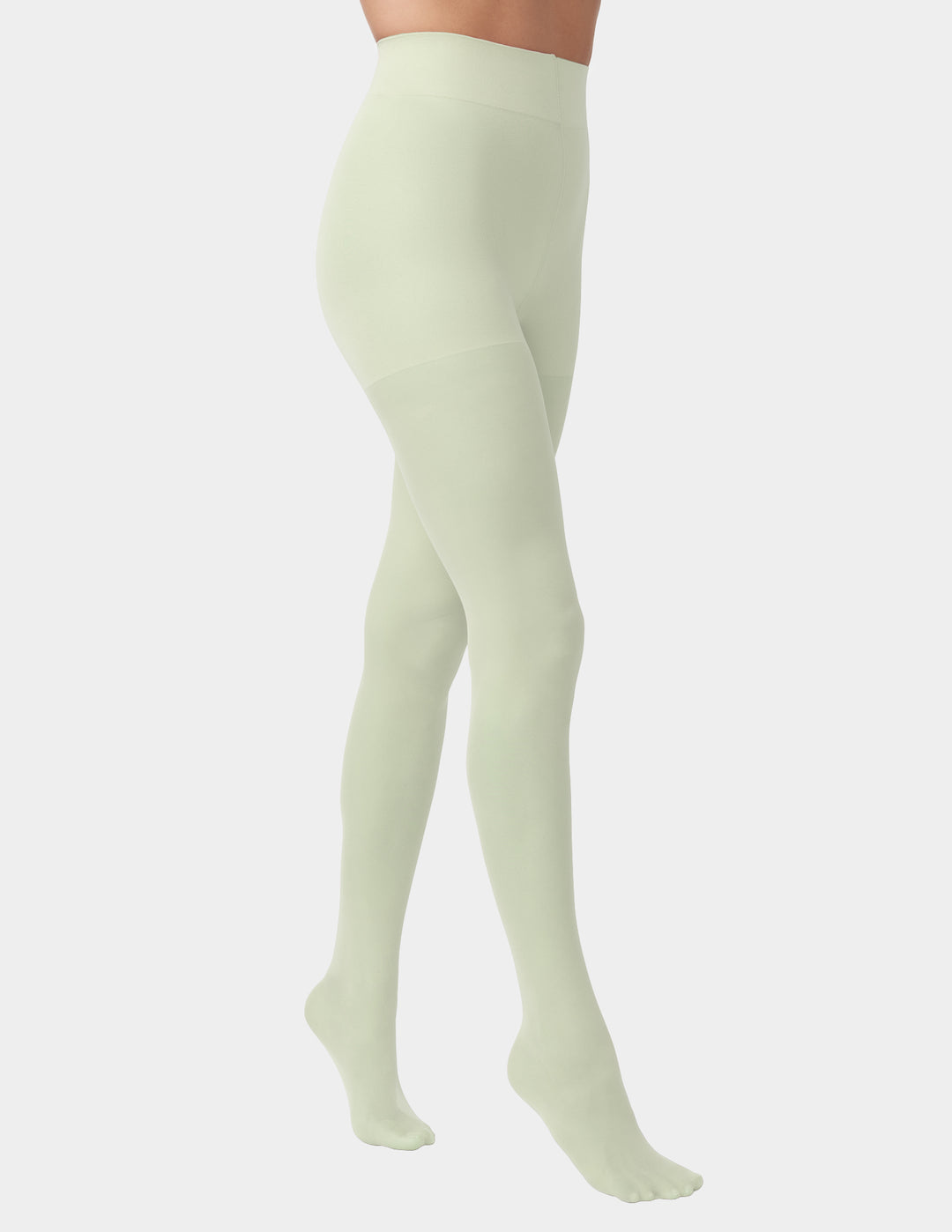 A pair of sheer green HUE tights with control top, displayed against a white background.