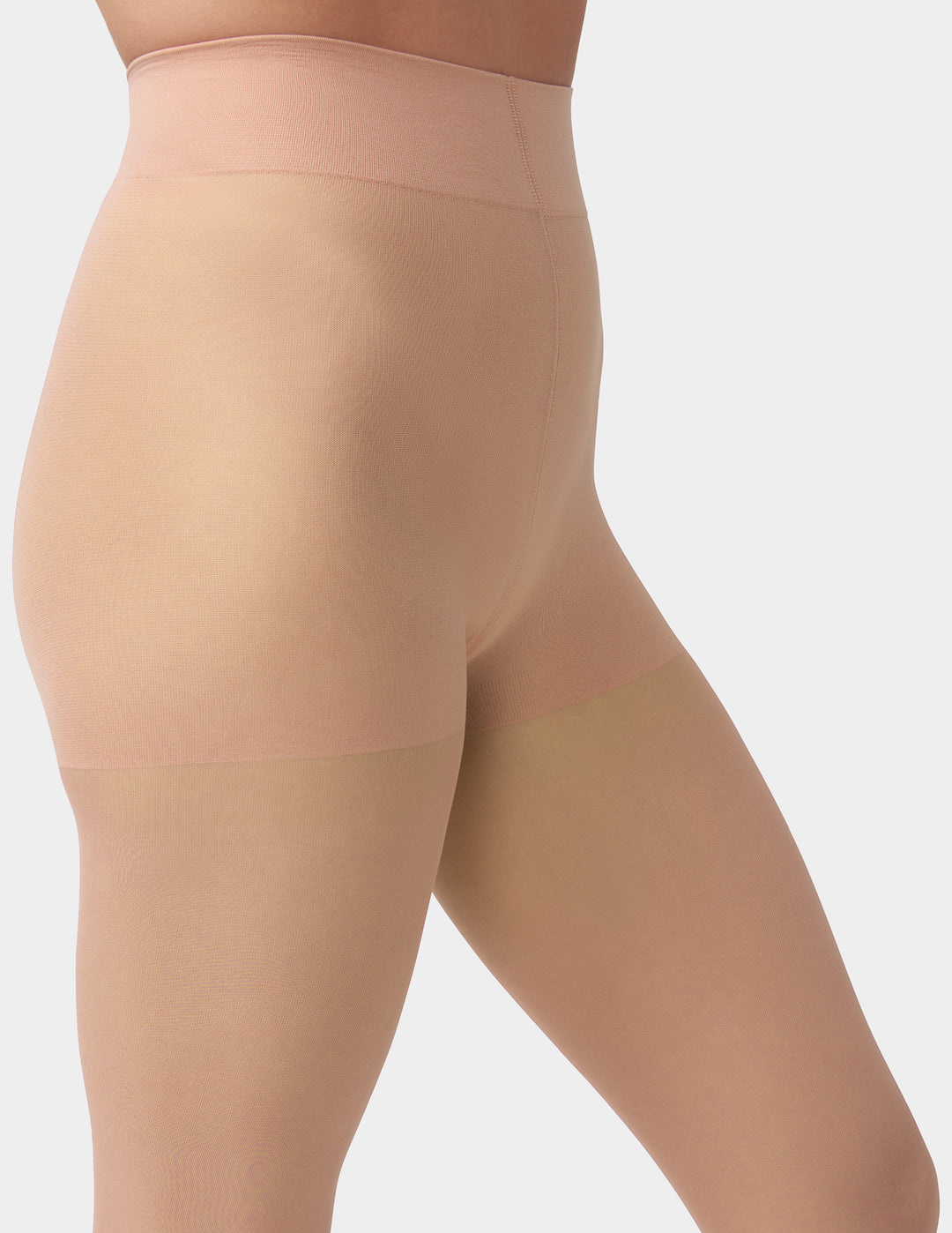 Detail view of model wearing Hue Sheer Tights with control top in Natural