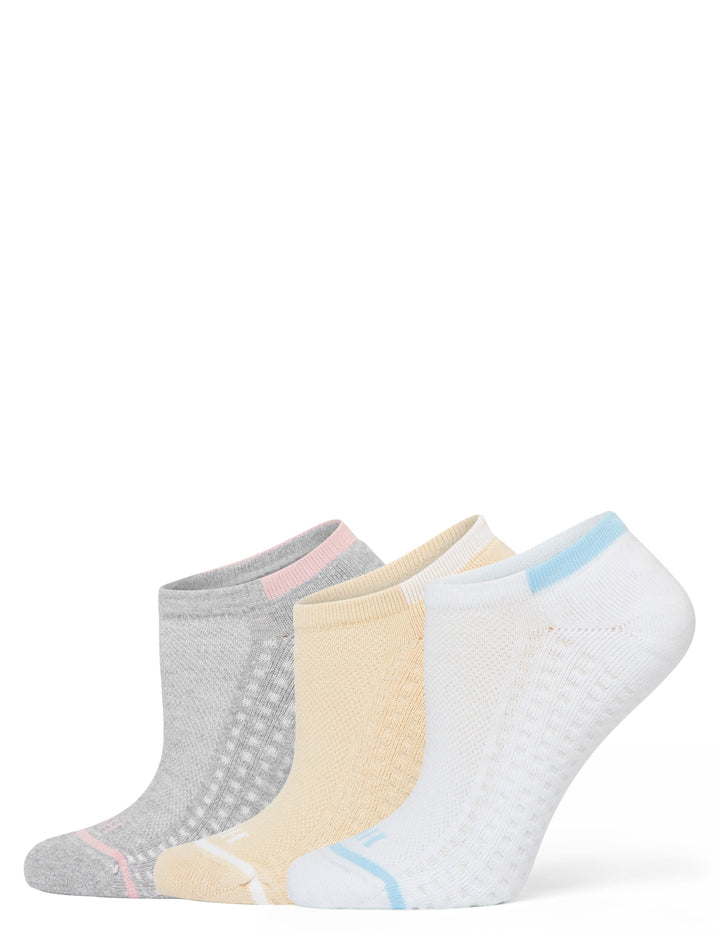 Three pairs of ankle socks in gray, beige, and white on a white background