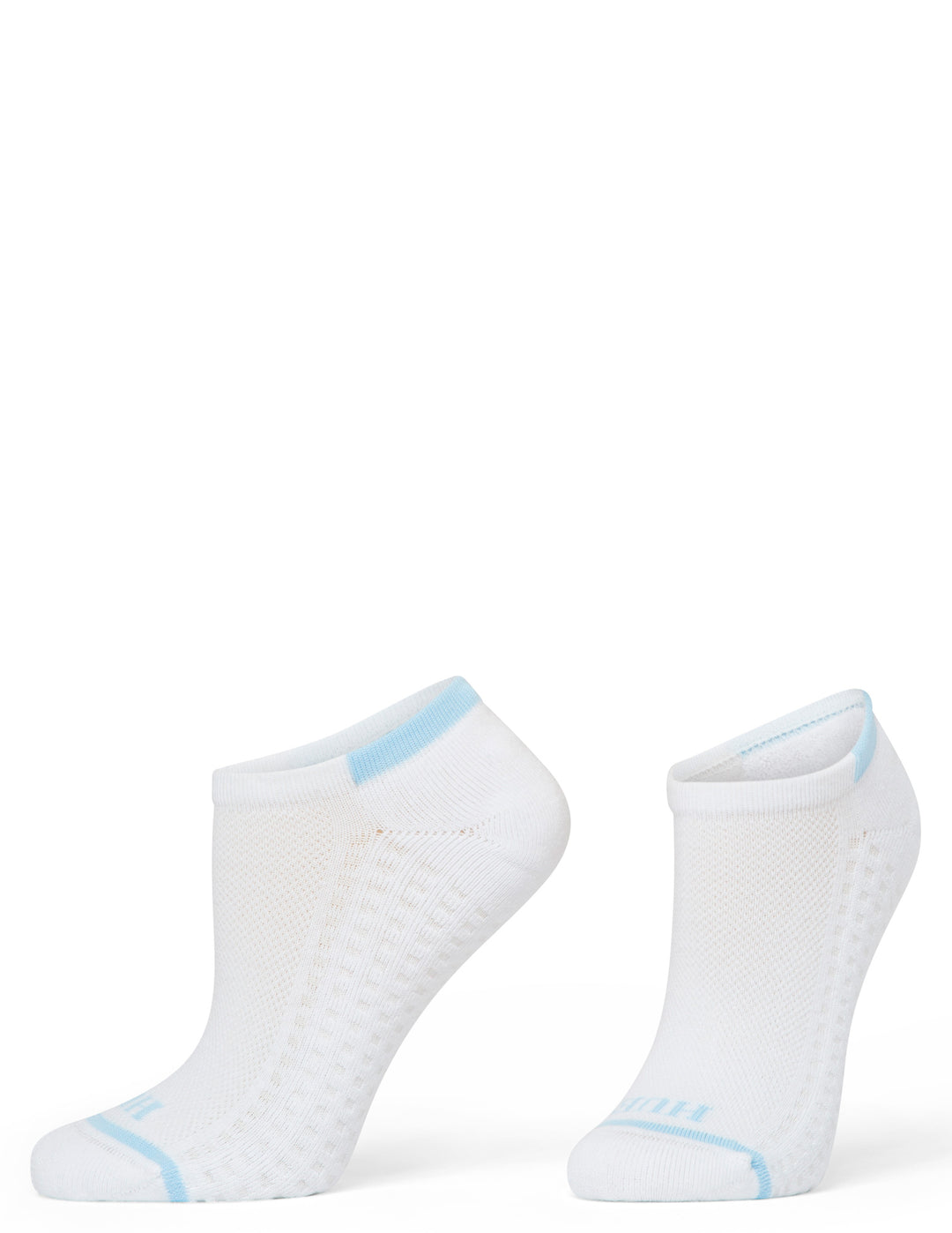 Two white ankle socks with light blue accents on a white background