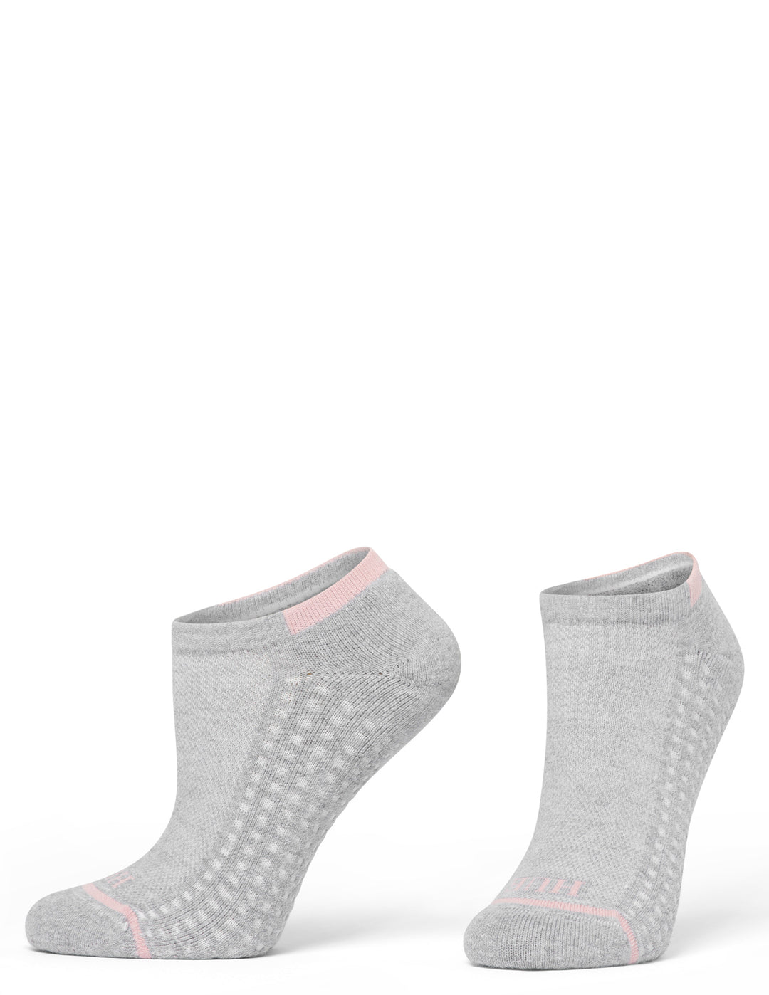 Pair of gray ankle socks with pink accents on a white background